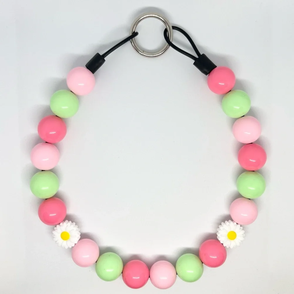 Beaded Dog Collar Necklace Size Medium Watermelon & Daisies Pink Green Floral